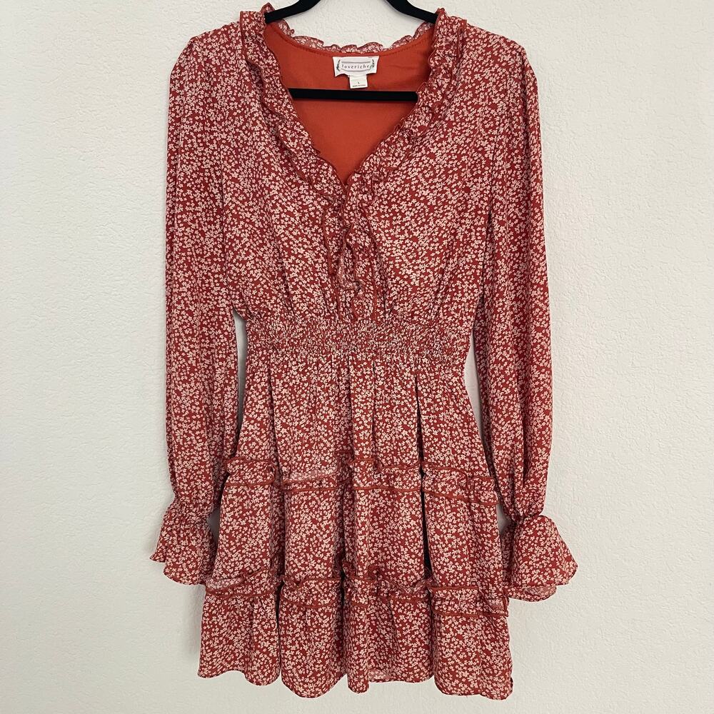 Loveriche Ditsy Floral Smocked Tiered Mini Dress Rust Orange Red Large
